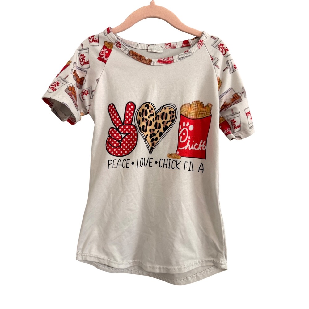 Unbranded Chick-Fil-A Graphic Tee Toddler 4T White Raglan Peace Love Fries Shirt
